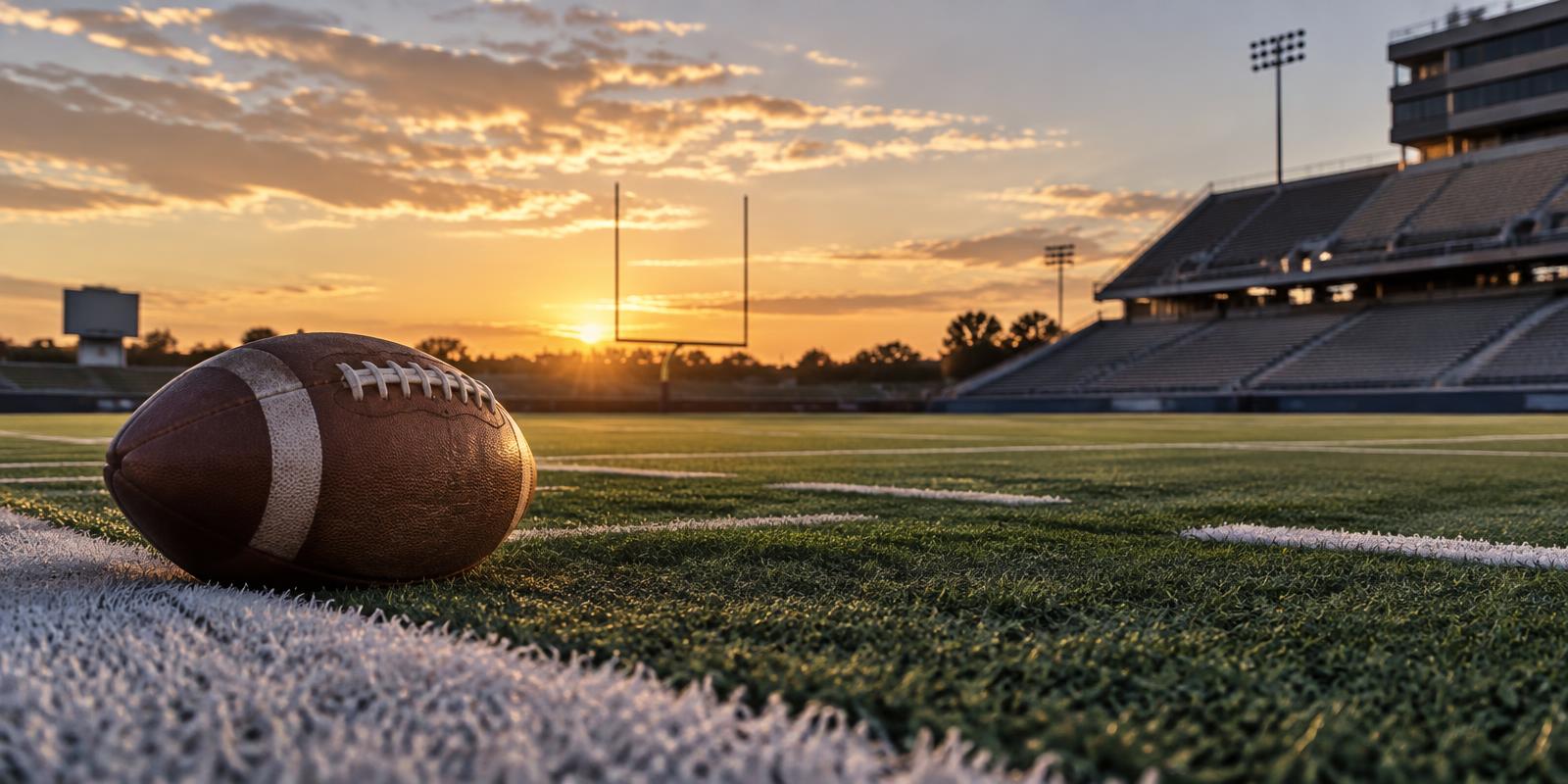 Illustrative football on a Texas stadium field at sunset